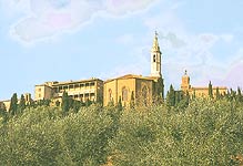 Pienza. The distant view of Palazzo Piccolomini and Cathedral apse 
